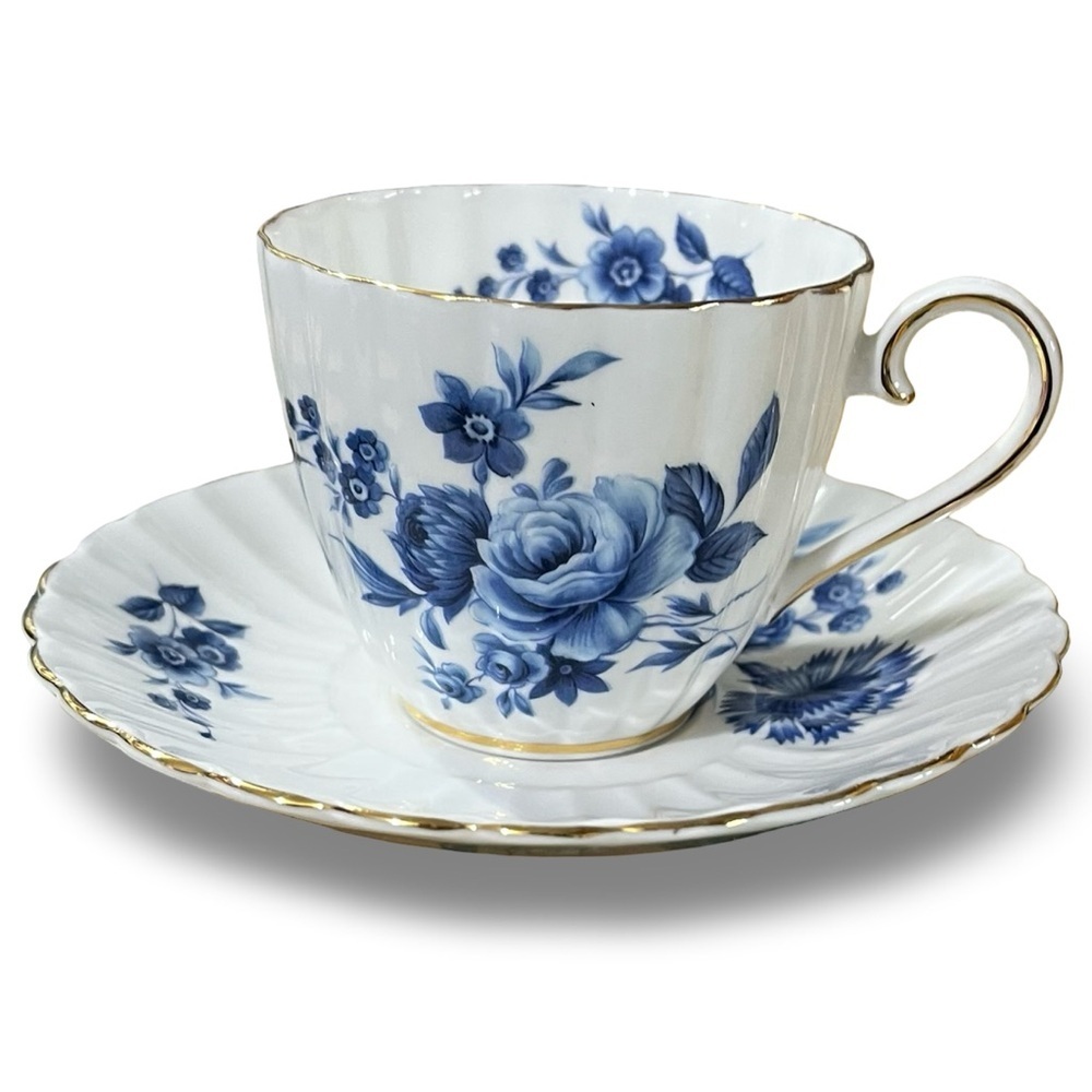 Vintage Royal Tuscan Blue Roses Teacup and Saucer Gold Trim